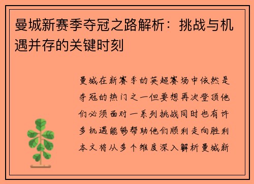曼城新赛季夺冠之路解析：挑战与机遇并存的关键时刻